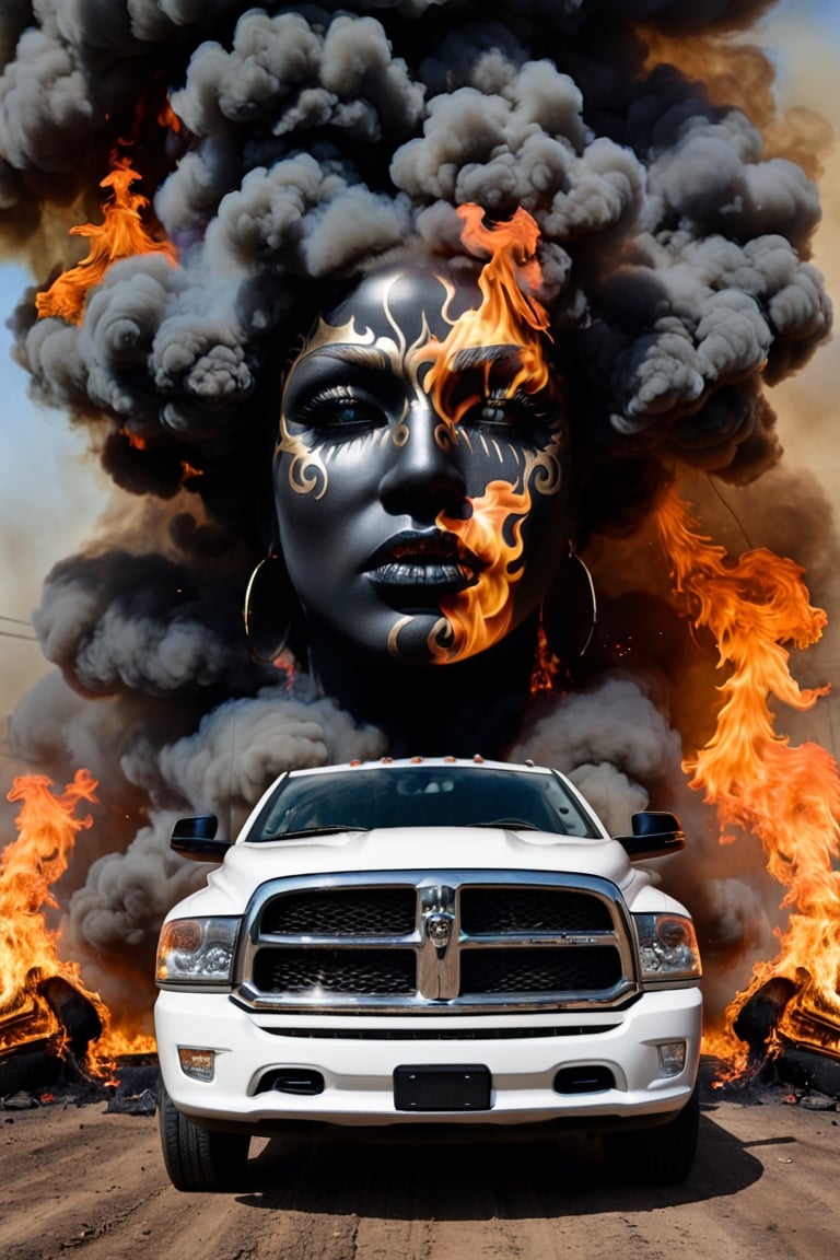 Double-masking photography, an angry goddess formed from the smoke of a 2005 dodge ram slt cummins pickup truck, goddess Earth crying, from the smoke exits a 2005 dodge ram slt cummins pickup truck , black smoke, fire, acid rain, by Dan Mountford, by Dan Hillier, negative space, intricate details, photo illustration, 100 mm lens, cinematic scenes, ink art