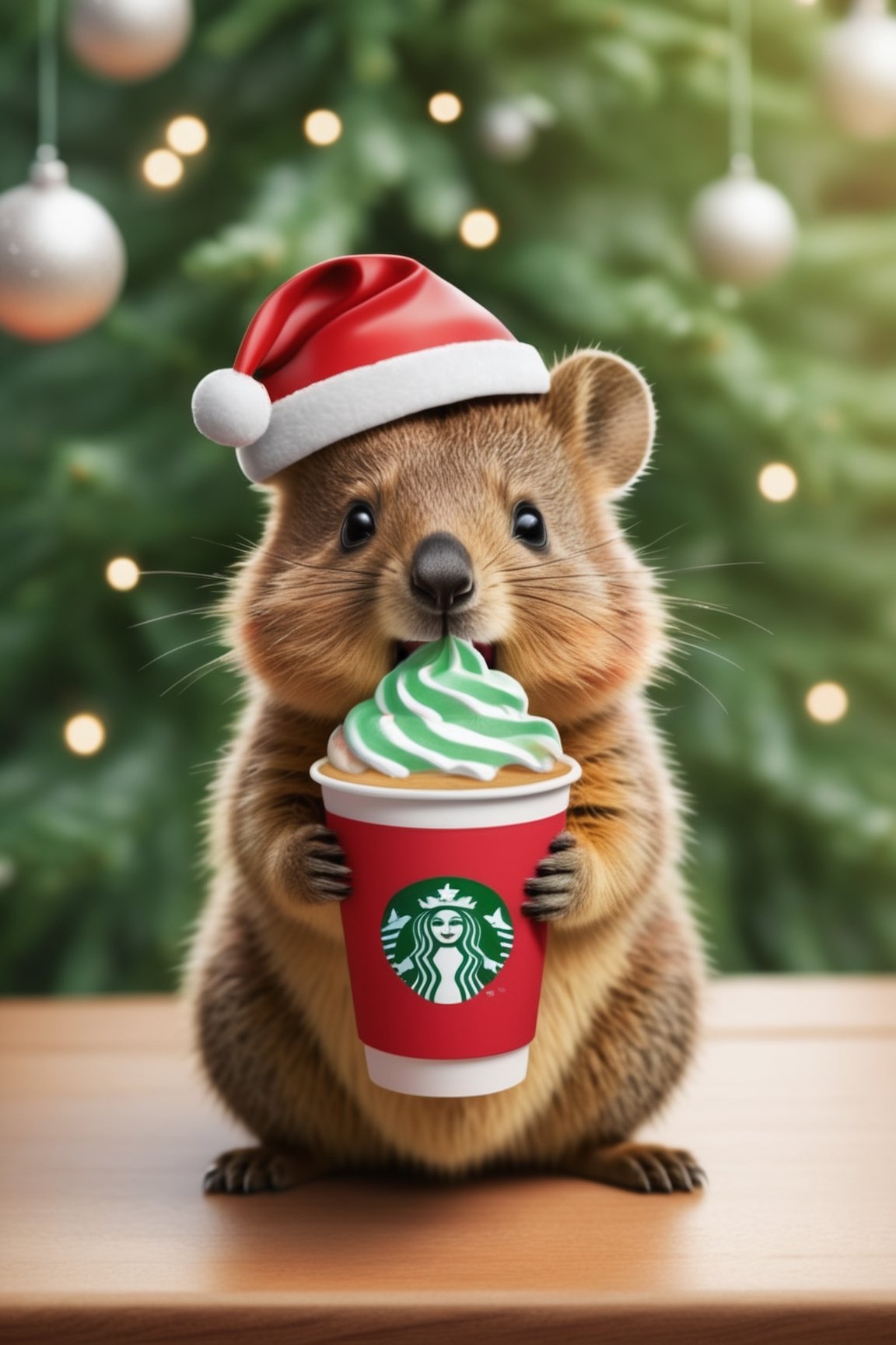 A detailed illustration of a print of a cute quokka standing under Christmas tree and it wear Santa hat drinking cup of frappuccino, Christmas theme, hyper realistic high quality, t-shit desing graphic, vector, carton, contour, fantasy swirls splash, modern t-shirt design, in the style of Studio Ghibli, light white red and green pastel tetradic colors, 3D vector art, cute and quirky, fantasy art, watercolor effect, bokeh, Adobe Illustrator, hand-drawn, digital painting, low-poly, soft lighting, birds-eye view, isometric style, retro aesthetic, focusedon the character, 4K resolution, photorealistic rendering, usingCinema 4D