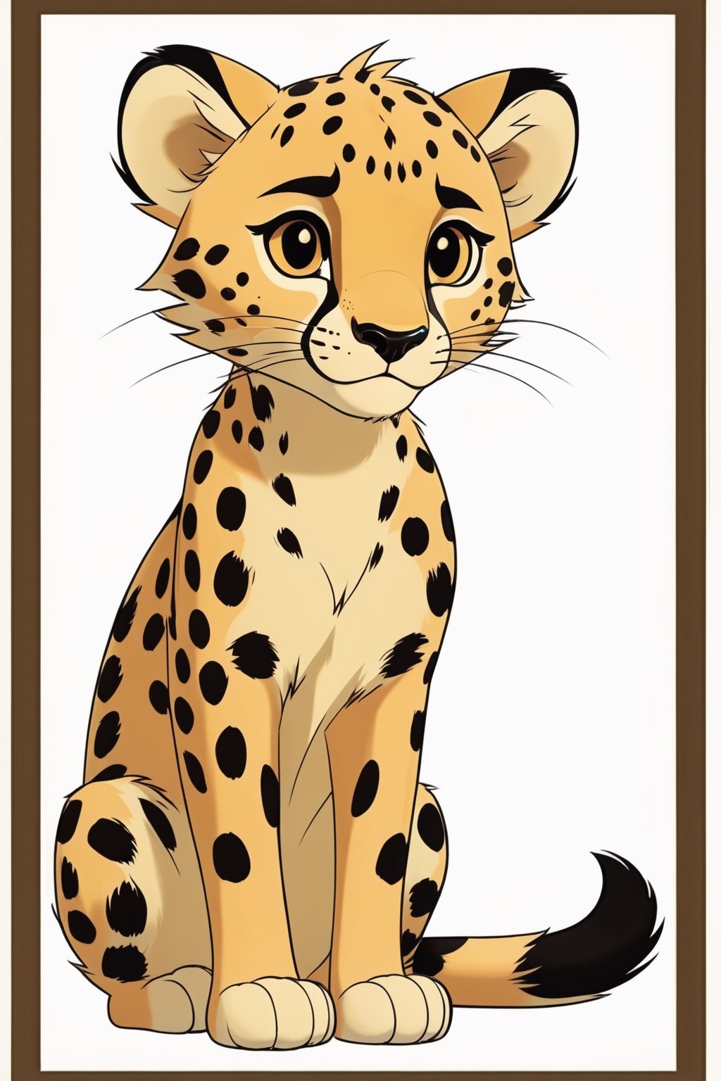 Create a character sheet with studio ghibli animation for cheetah cub. Not looking like human. Sits on his feet. Mischievous look