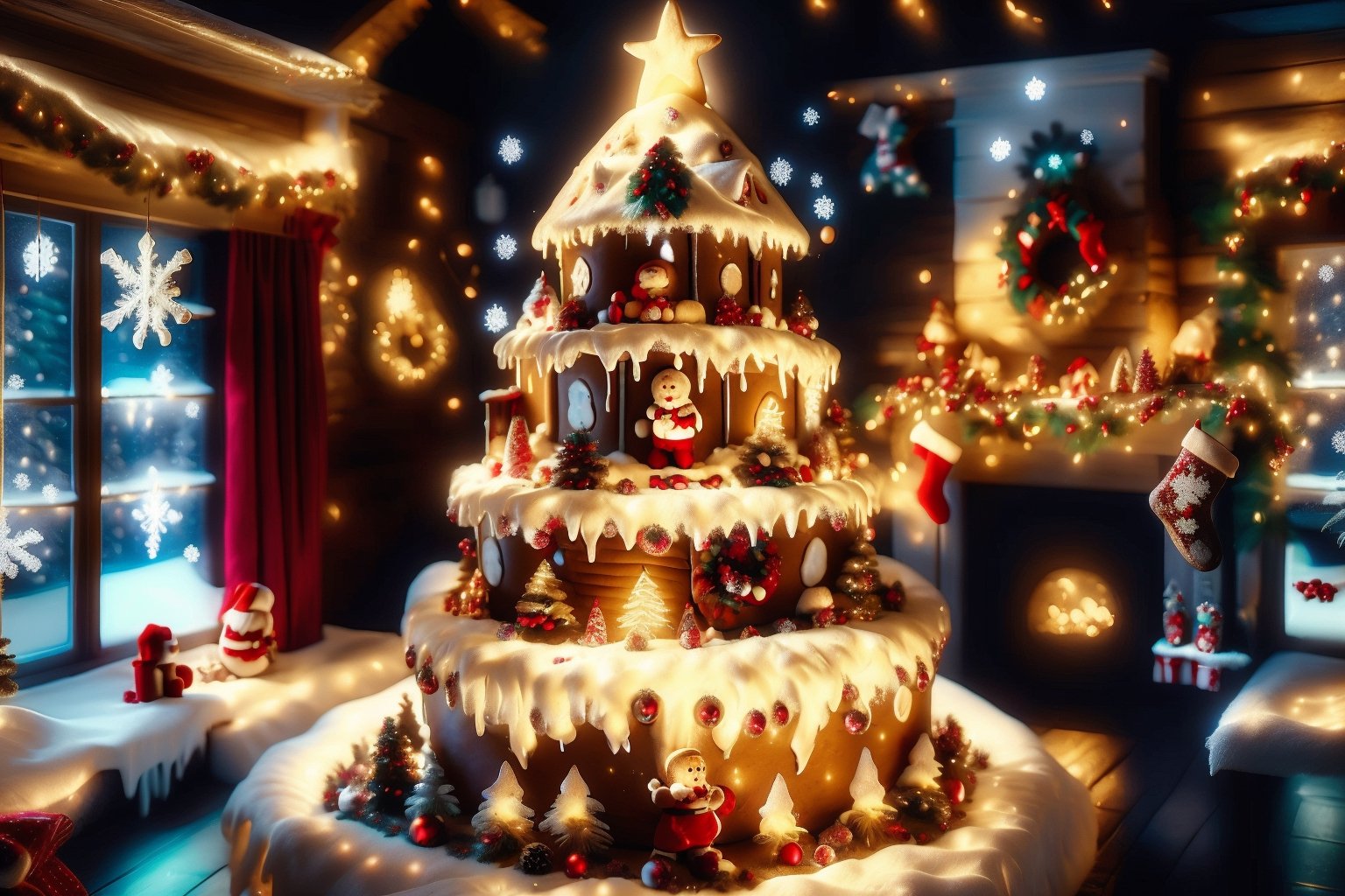 A gingerbread house with a gingerbread man with large snowflakes falling in the background. #Christmas,Christmas Room,Christmas