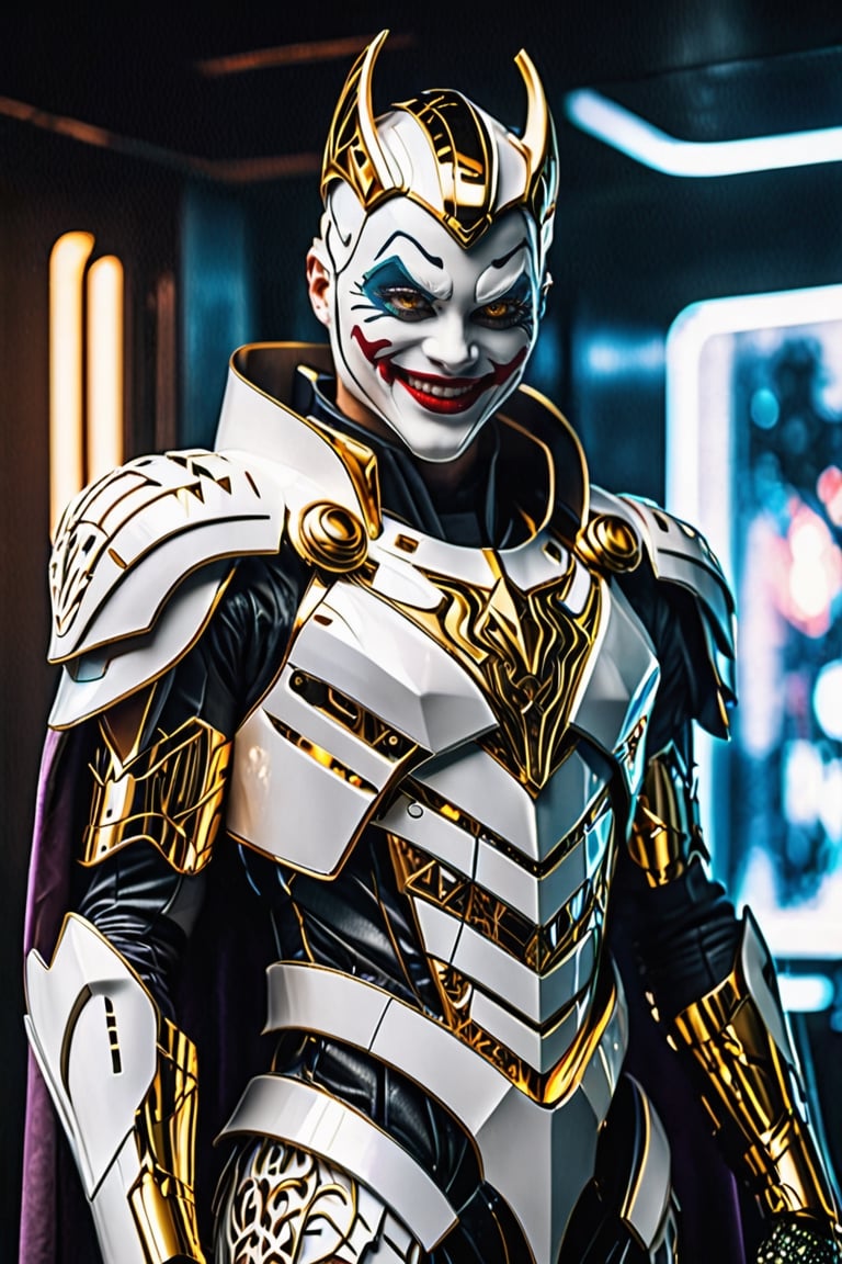 surreal photography of A Hi-Tech Cyberpunk joker wearing futuristic white armor, evil smile, cape, ultra high resolution, 8k photography, extremely detailed, intricate armor, golden filigree, futuristic design, shining body, fullbody_view, perfect custom Hi-Tech suit, intricate armor, detailed texture, soft lighting, Movie Still