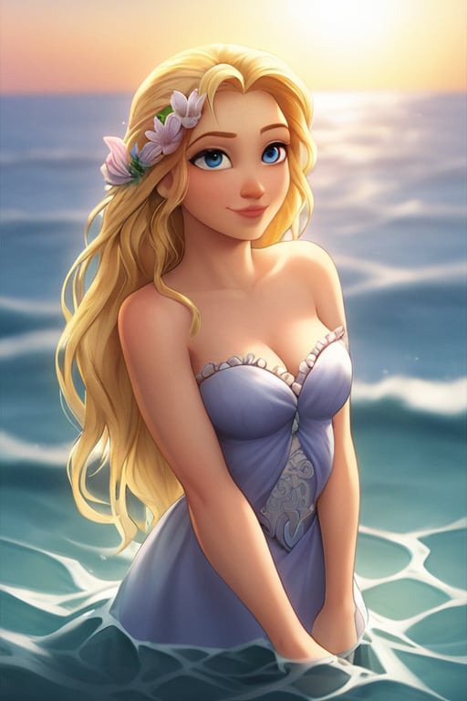 Cinderella, with long golden hair blowing gently in the sea breeze, stands solo at the water's edge, the warm afternoon sun casting a soft glow on her radiant skin. Her bright blue eyes sparkle as she gazes out at the calm ocean waves, a relaxed smile playing on her lips. A few strands of seaweed are tangled in her hair, and a single seashell lies abandoned at her feet.