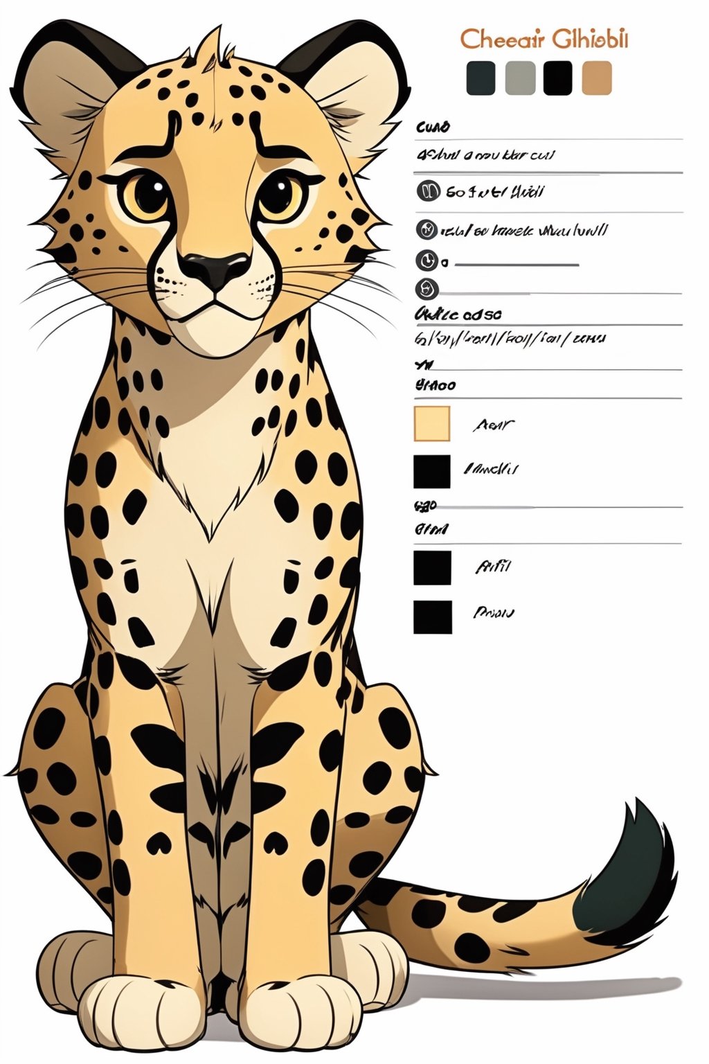 Create a character sheet with studio ghibli animation for cheetah cub. Not looking like human. Sits on his feet. Mischievous look