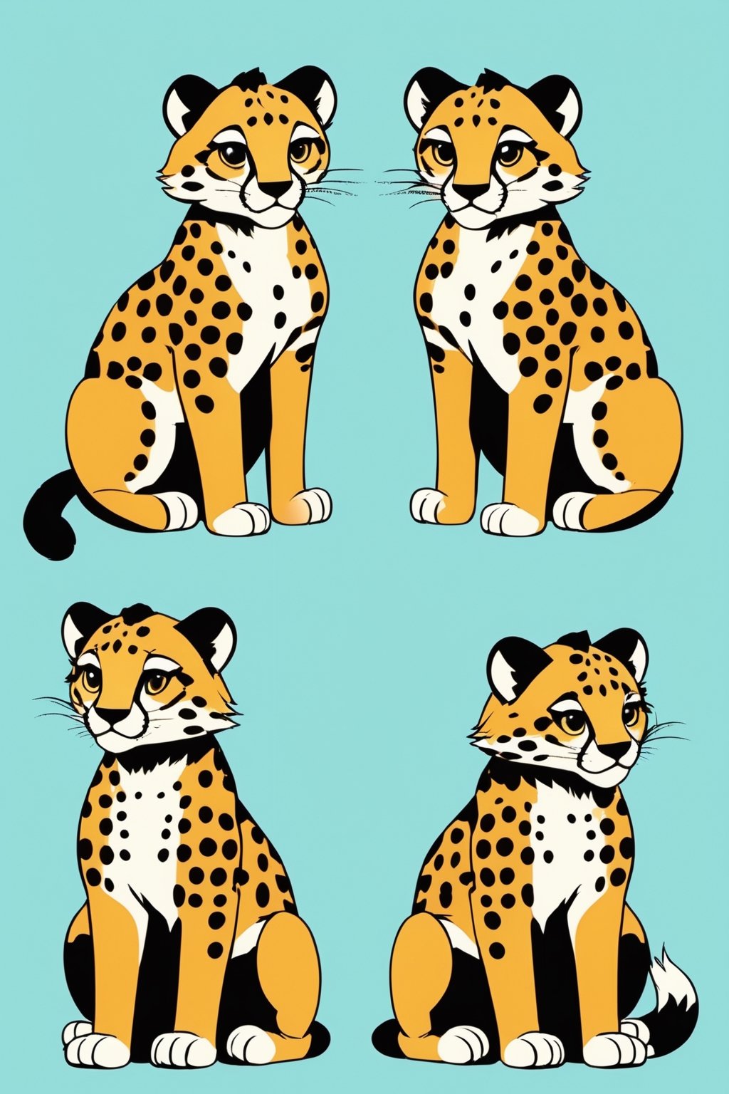 Create a character sheet with studio ghibli animation for cheetah cub. Not looking like human. Sits on his feet. Mischievous look