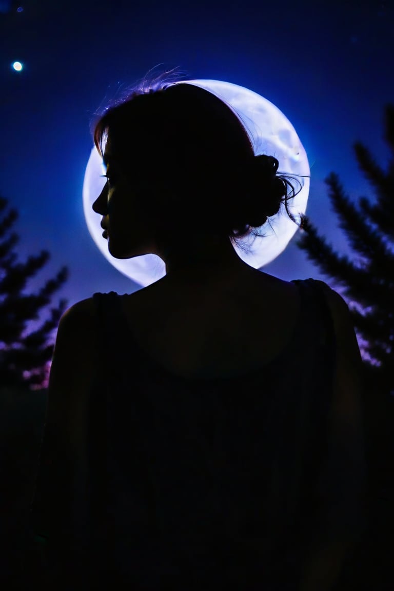 a girl looking at the horizon, in a beautiful night, soft moonlight, rays of moonlight, starlit sky, serene atmosphere, gentle breeze in the air, subtle colors, natural beauty, silhouette of trees, dreamy ambiance, peaceful, calm, reflective, deep thoughts, loneliness, tranquility, inner emotions, faint shadows, mystery, serene expression, soft glow, nighttime scenery, crisp air, nighttime solitude, whispers of night, ethereal atmosphere