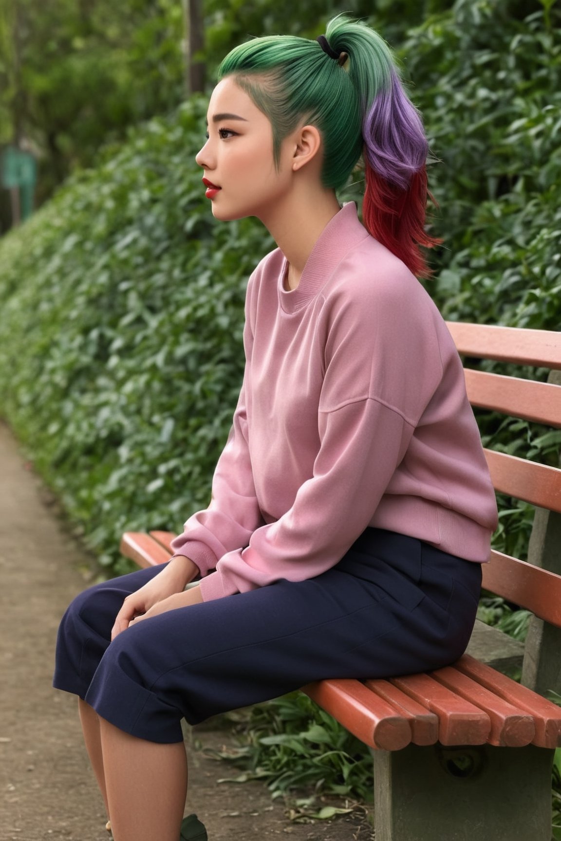 masterpiece, ultra detailed, high quality, 1girl, (blush, red face, parted lips), detailed lips, sitting in bench, (solo), wide shot, scenery, full body, Kuki Shinobu, green hair, hair between eyes, ponytail, short hair, (purple eyes:1.1), hair ornament, kukishinoburnd