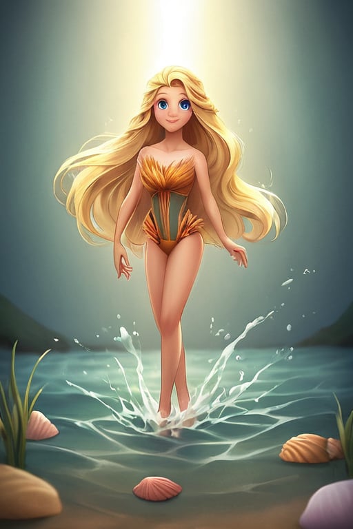 Cinderella, with long golden hair blowing gently in the sea breeze, stands solo at the water's edge, the warm afternoon sun casting a soft glow on her radiant skin. Her bright blue eyes sparkle as she gazes out at the calm ocean waves, a relaxed smile playing on her lips. A few strands of seaweed are tangled in her hair, and a single seashell lies abandoned at her feet.