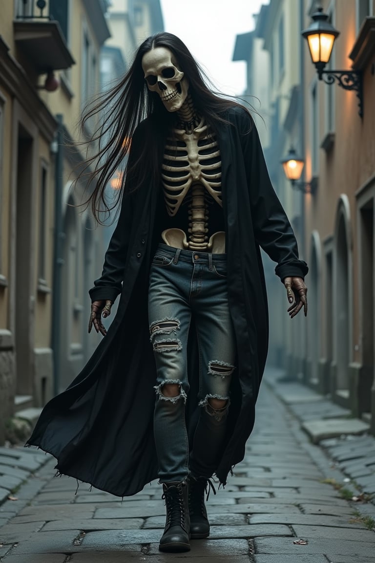 Skeleton,long hair top floating, wearing a black metal robe style with ripped jeans, boots, doing breakdance style, scary and old city atmosphere creepy,
 