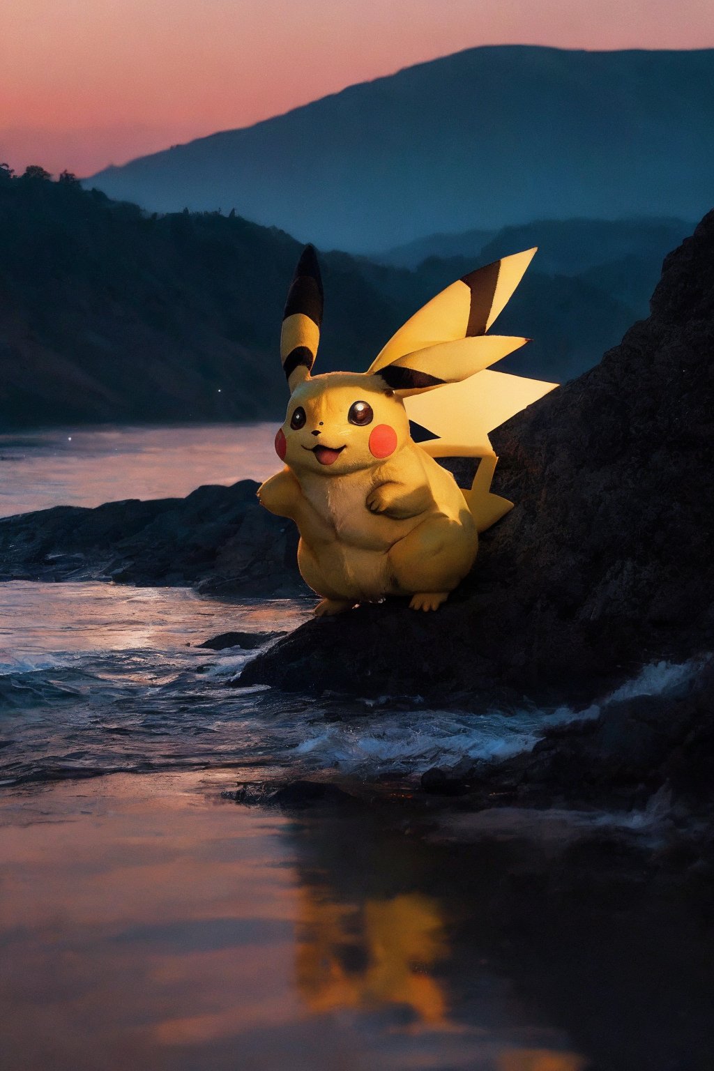 Pikachu, the beloved electric-type Pokémon, stands poised and charming on a tranquil twilight beach. Its vibrant yellow fur contrasts beautifully with the deep blues and purples of the twilight sky, and its iconic features—long ears with black tips, bright round cheeks, and a zigzag tail—are silhouetted against the serene backdrop. Pikachu is adorned in a mystical translucent yellow raincoat, sparkling as though touched by remnants of a summer shower. The coat, featuring its own ear cutouts to accommodate Pikachu's distinct profile, is secured with a white zipper and graced with a dark yellow patch embellishing Pikachu's silhouette.
The setting around Pikachu adds to the image's magical allure. The sky, scattered with emerging stars, fades from the warmth of the last daylight into the embrace of night. Below, the calm sea mirrors the sky's majestic palette, disturbed only by the gentle lapping of waves that caress Pikachu's feet. The wet sand beneath reflects both the soft glow of Pikachu and the ambient light from above, creating a dance of shimmering reflections that envelop the scene in a cocoon of wonder and tranquility. This composition captures a moment where nature's beauty converges with the charm of an icon, crafting a narrative of peacefulness and enchantment.