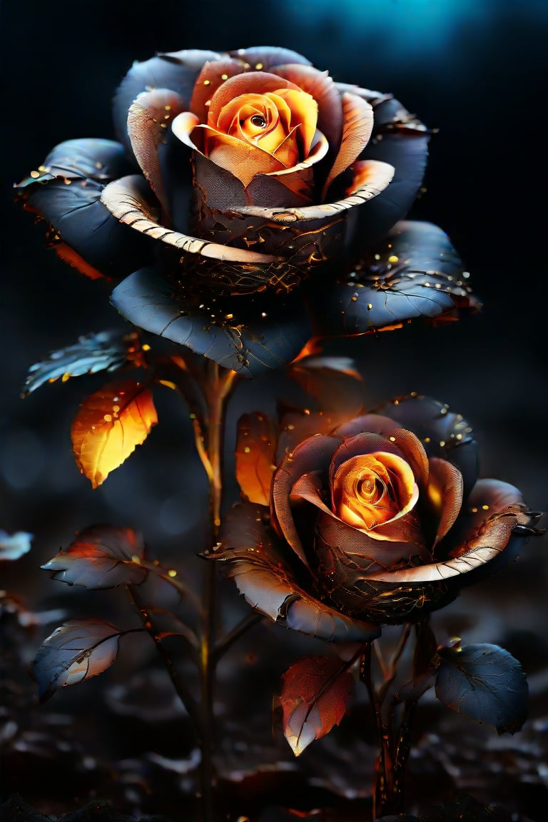 cinematic photo breathtaking hyperrealistic art A digital illustration combining elements of two images: a scene of black, charred roses with faetastic Glowing  embers amidst a dark, ash-covered ral-oilspill ground, and an shiny intricate  fractal design resembling a ral-polishedsteel golden flower with complex patterns and details. The composition blends the dark, burnt elements with the bright, glossy elegant fractal flower, creating a dramatic and surreal visual effect with high contrast and day-glo details. Extremely high-resolution details, photographic, realism pushed to extreme, fine texture, incredibly lifelike . award-winning, professional, highly detailed . 35mm photograph, film, bokeh, professional, 4k, highly detailed