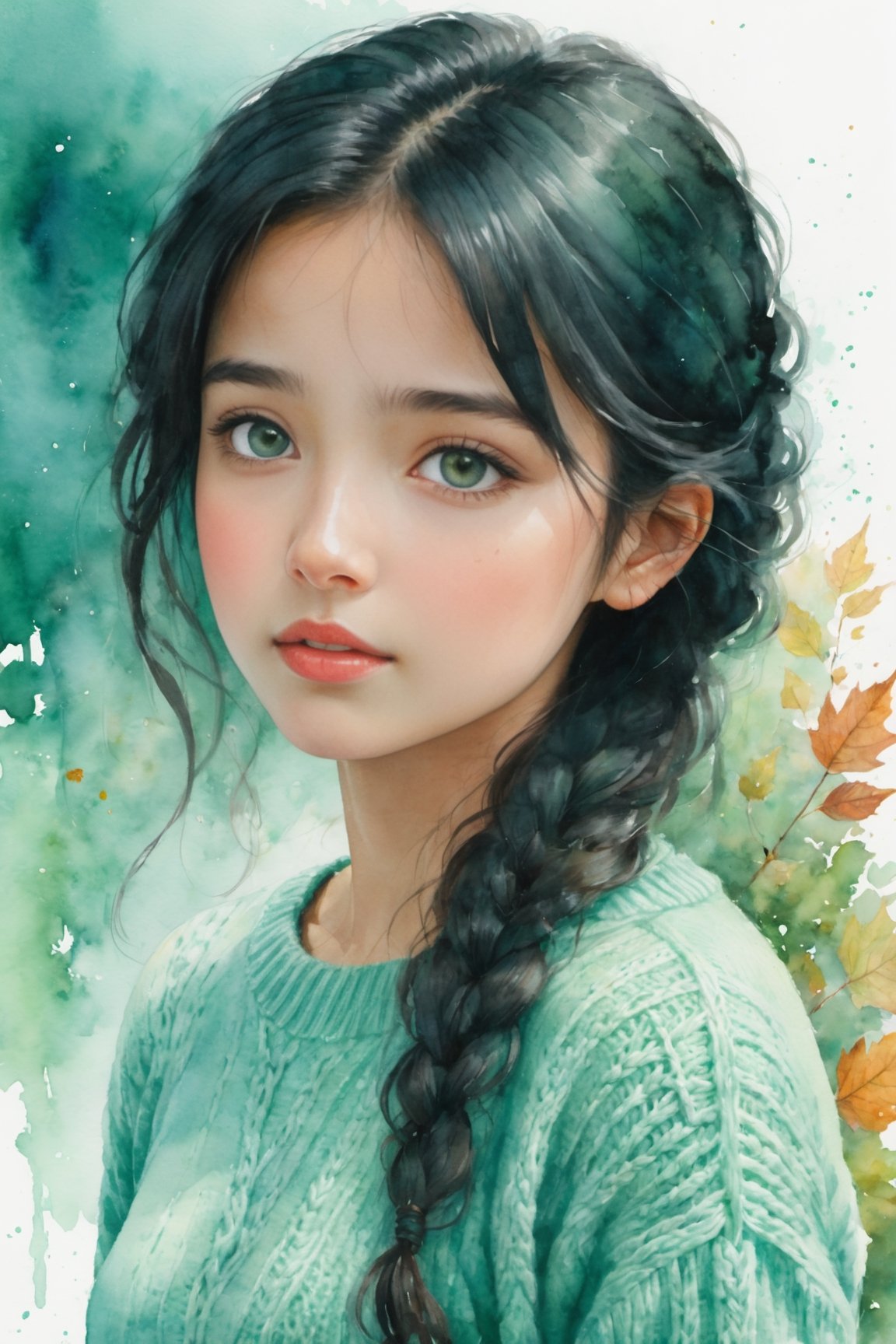 a watercolor painting of a young girl,blackhair,cute,cable knit sweater aqua green,concept art,shutterstock contest winner,white bg,autumn overgrowth,alexey egorov,profile picture,highly detailed -,🍁 cute,rob mcnaughton,degradation,album art,bags under eyes