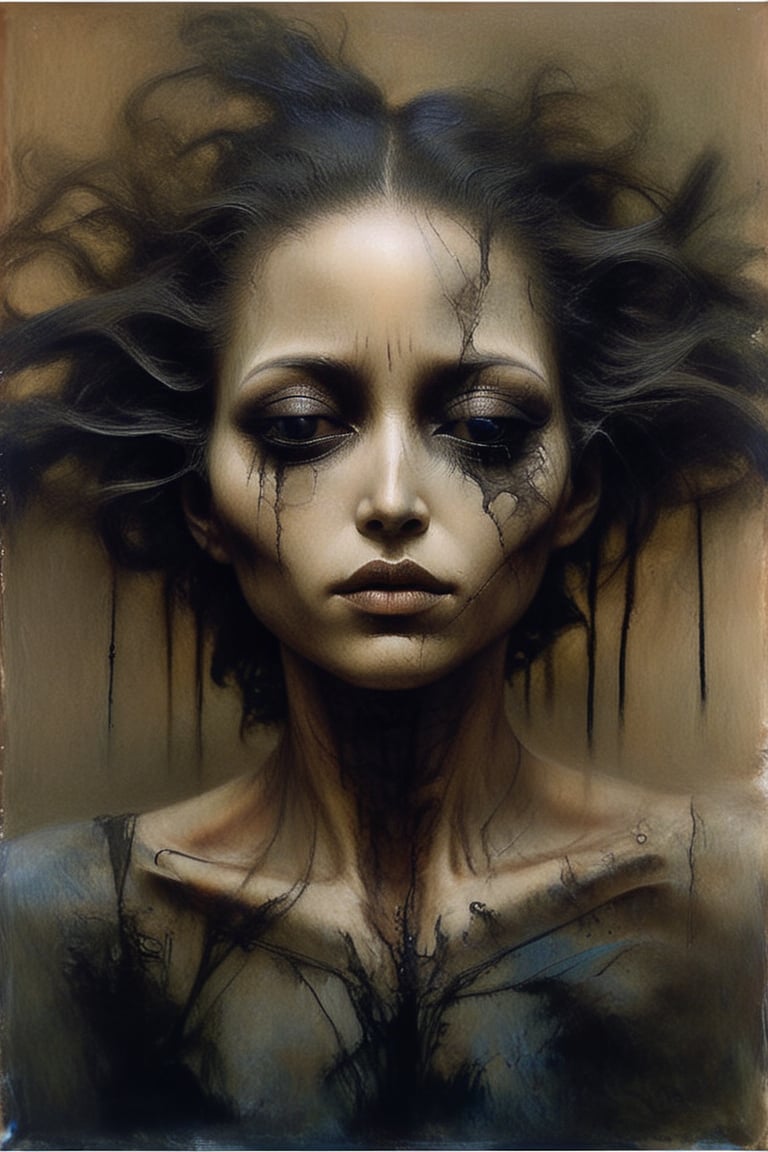 Scumbling painting of a woman with black makeup on her face, no eyes, roughly painted skin, messy paint strokes, by Bastien L. Deharme, gothic art, style of Ashley Wood, bronze and black metal, Sakimichan Frank Franzzeta, beautiful portrait of a hopeless, Ruan Jia and Joao Ruas, watercolors and oil on canvas