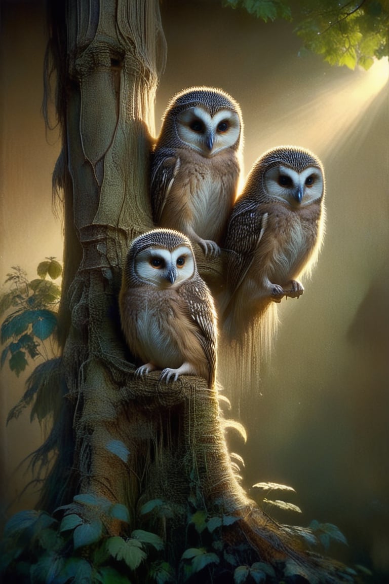 A whimsical scene unfolds as a pair of owls and hedgehogs sit together on a lush branch of an ancient tree. Soft golden light filters through the leaves, casting dappled shadows on their faces. The owls' wise eyes gaze down at the hedgehogs' prickly forms, while the hedgehogs' curious snouts tilt up to meet the owls' solemn expressions.