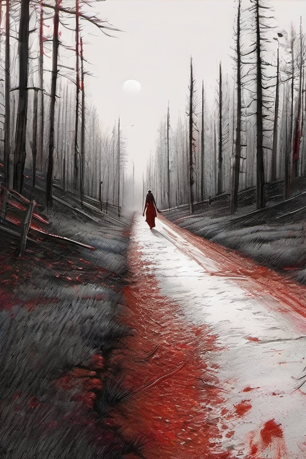 A complex horror film,a nightmare,a beautiful American woman walking down a straight road,dead trees on both sides,moldy and rotten earth,blood-red sunset,cinematography,raw photographs,pencils,oil paints,Grzegorz. Rosinski,Gabriele Delotto,pencil sketch,pencil sketch