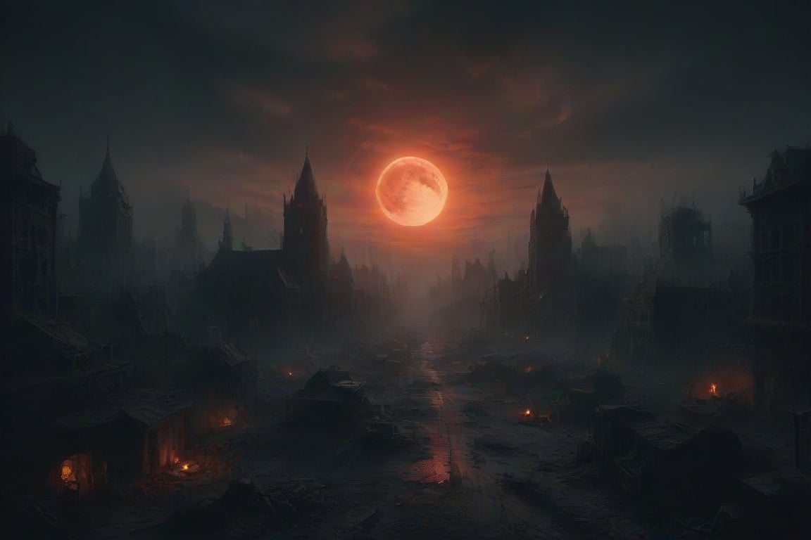 The city of yharnam, oil painting, Red moon, realistic, extreme detail, scary, terrifying, dark and warm environment, 8k, Epic, (Use Dream Diffusion Secret Prompt), UHD