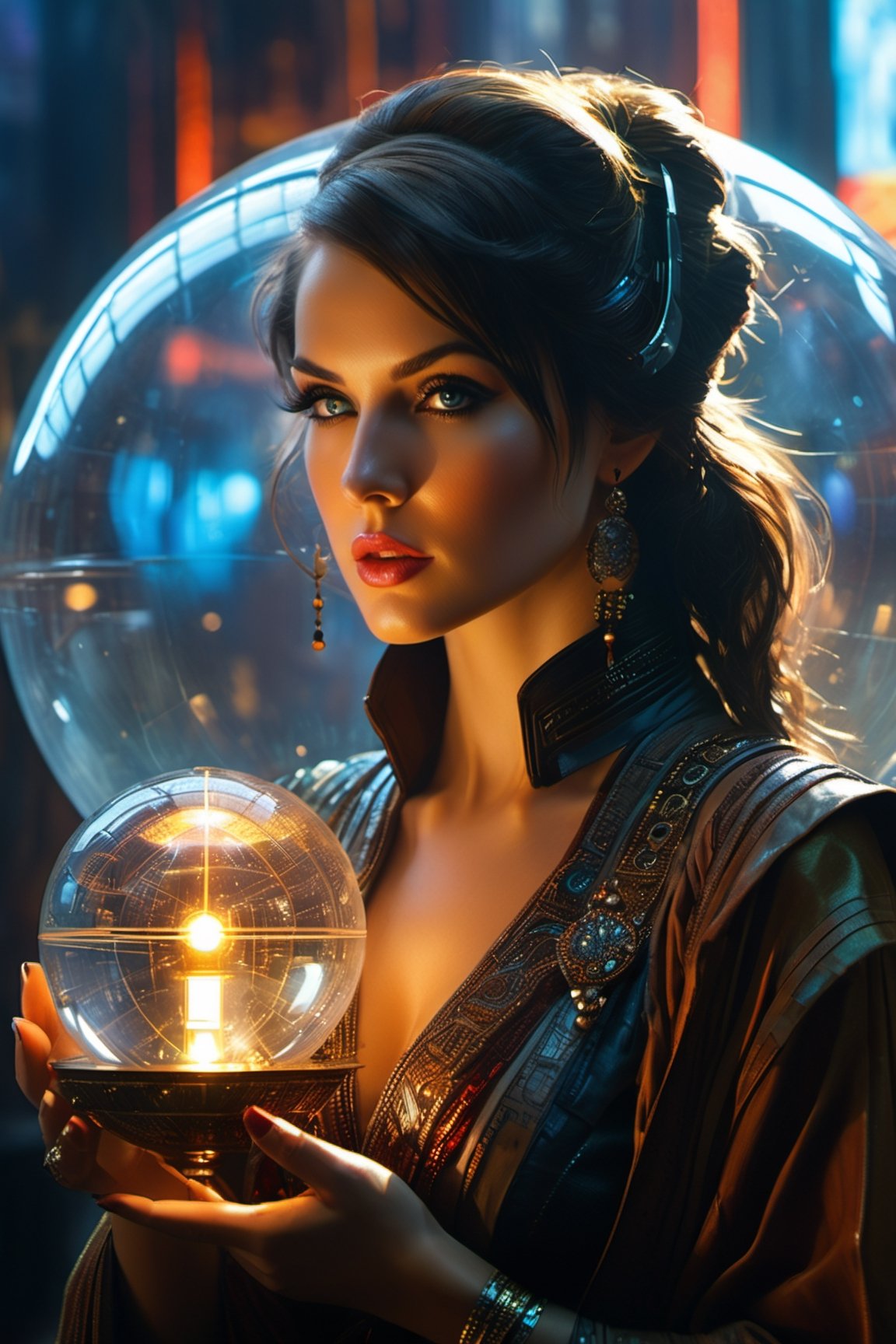 wide angel, beautiful girl, fortune teller, transparent Crystal Globe, perfect eyes, perfect eyes, highly detailed, intricate, cinematic high contrast lighting, sharp focus, DSLR photo, hyperrealistic, realistic fingers, sharp focus, emitting diodes, smoke, artillery, sparks, racks, system unit, motherboard, by pascal blanche rutkowski repin artstation hyperrealism painting concept art of detailed character design matte painting, 4 k resolution blade runner