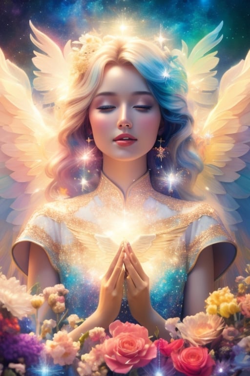 a photorealistic photo of a graceful female angel clothed in glittering, perfect wings, symmetrical wings, colorful fine linen, surrounded by radiant flowers and bright clouds, smoke, misty, shimmering auras, morning lighting, close-up, almost white blonde hair, glowing skin, soft, graceful opalescent glowing wings, calm galaxy pupils eyes, in the distant sky can stars that shine brightly, 8k uhd, dslr, soft lighting, high quality, film grain, Fujifilm XT3 , style-rustmagicDeepJourney, deepjourney