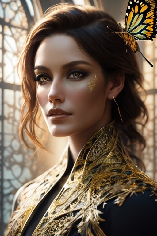 8k portrait of beautiful cyborg with brown hair, intricate, elegant, highly detailed, majestic, digital photography, art by artgerm and ruan jia and greg rutkowski surreal painting gold butterfly filigree, broken glass, (masterpiece, sidelighting, finely detailed beautiful eyes: 1.2), hdr, (detailed background window to a new dimension, plants and flowers:0.7) infinity, infinite symbol, DeepJourney 