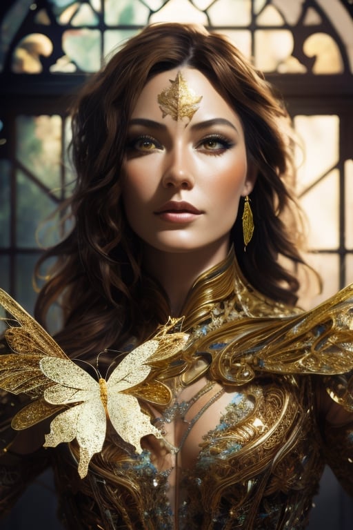 8k portrait of beautiful cyborg with brown hair, intricate, elegant, highly detailed, majestic, digital photography, art by artgerm and ruan jia and greg rutkowski surreal painting gold butterfly filigree, broken glass, (masterpiece, sidelighting, finely detailed beautiful eyes: 1.2), hdr, (detailed background window to a new dimension, plants and flowers:0.7) infinity, infinite symbol, DeepJourney 