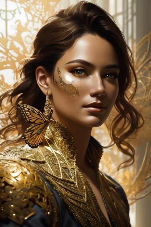 8k portrait of beautiful cyborg with brown hair, intricate, elegant, highly detailed, majestic, digital photography, art by artgerm and ruan jia and greg rutkowski surreal painting gold butterfly filigree, broken glass, (masterpiece, sidelighting, finely detailed beautiful eyes: 1.2), hdr, (detailed background window to a new dimension, plants and flowers:0.7) infinity, infinite symbol, DeepJourney 