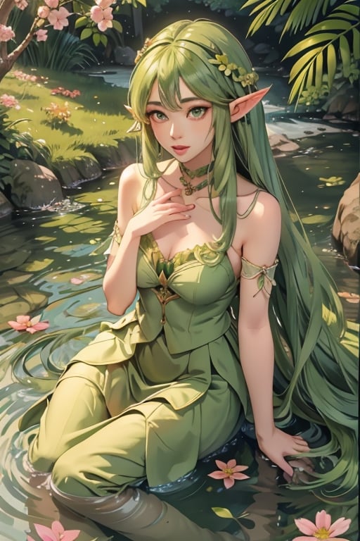 river nymph, nymph, green skin, elf ears, long green hair, flower in hair, river, flowers, perfect face, portrait, half body, perfect hands, good anatomy.,beautymix,1 girl,long skirt,z1l4