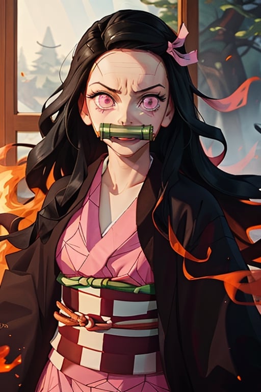 PORTRAIT nezuko, SOLO PORTRAIT  PERFECT FACE,  PERFECT EYES,  (((masterpiece))),  nezukokamado,  nezuko kamado,  bamboo,  (bit gag:1.5),  black hair,  (forehead:1.5),  gag,  gagged,  hair ribbon,  long hair,  multicolored hair,  (pink eyes:1.5),  orange hair,  slit pupils,  wavy hair,  two-tone hair,  BREAK asa no ha (pattern),  checkered sash,  haori,  japanese clothes,  kimono,  long sleeves,  obi,  pink kimono,  sash,  wariza,  wide sleeves,  BREAK looking at viewer,  BREAK indoors,  BREAK,  (masterpiece:1.2),  best quality,  high resolution,  (illustration:0.8),  (beautiful detailed eyes:1.6),  extremely detailed face,  perfect lighting,  extremely detailed CG,  (perfect hands,  perfect anatomy), (((masterpiece))), SAM YANG, Kamado_Nezuko Kamado_Nezuko,  1girl,  solo,  looking_at_viewer,  teeth,  orange_hair,  slit_pupils,  clenched_teeth,  angry,  asa_no_ha_\(pattern\),  checkered_sash,  fire,  forest, Kamado_Nezuko, 