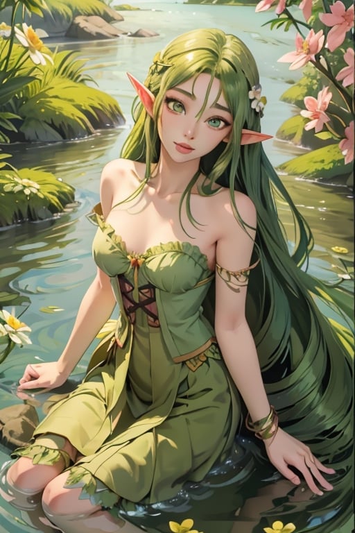 river nymph, nymph, green skin, elf ears, long green hair, flower in hair, river, flowers, perfect face, portrait, half body, perfect hands, good anatomy.,beautymix,1 girl,long skirt,z1l4