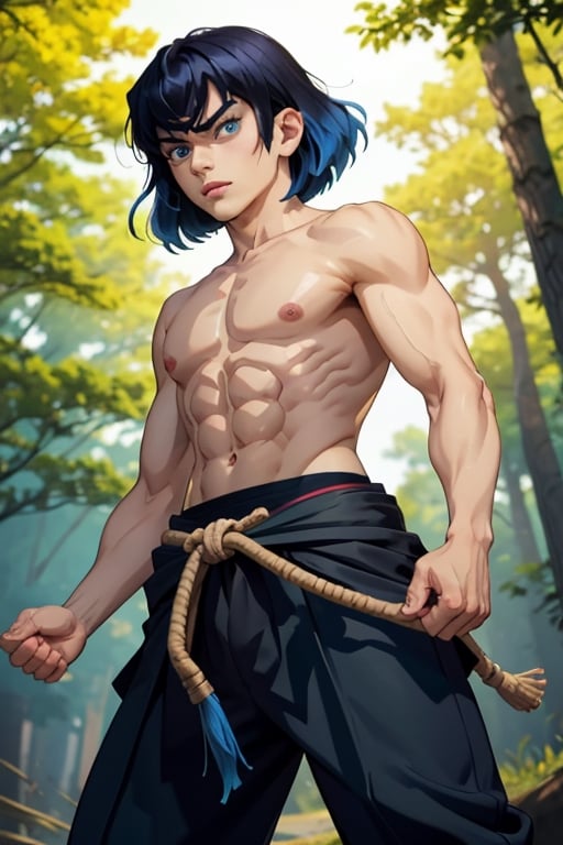 inosuke, ((masterpiece)), best quality, 1boy,  ,cowboy shot, abs, portrait,,half body, black pants, inosuke without mask, sand, dune, bangs, black hair with blue locks,, blue hair, green eyes, abs, topless male, hakama, male focus, masterpiece, best quality, 1boy, inosukemask, mask, animal, cowboy shot, abs, action pose, forest background ,inosukemask,SAM YANG