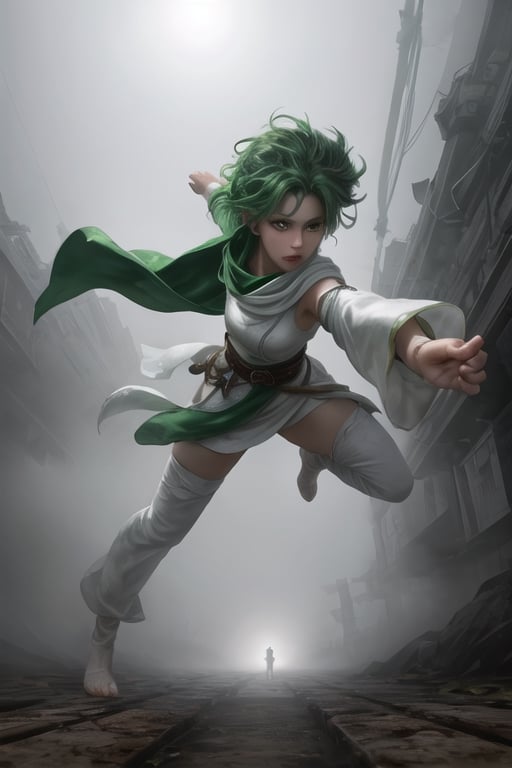 young woman, green hair, sexy girl, light skin, full body, white tunic, knives under sleeve, long tunic, perspective, fighting pose, in a foggy background, hd , 4k