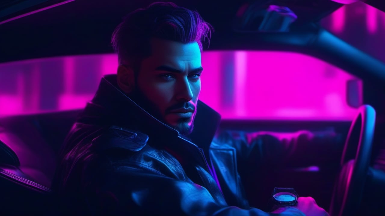  A melancholy cyberpunk man sitting in the car, front view portrait, at night time on a cyberpunk city street, photorealistic digital painting, extremely detailed, neon blue, neon pink, black, 8K resolution
