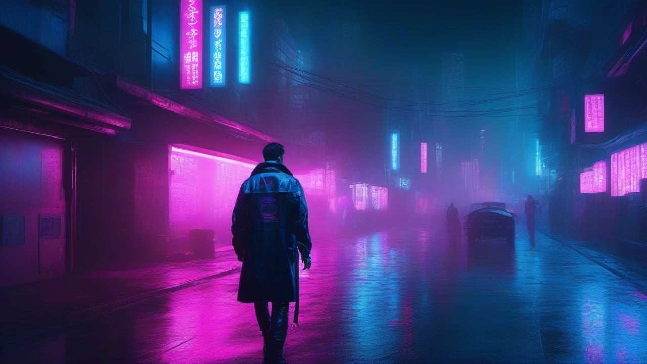  A melancholy cyberpunk man walking, holding a cigarette, side view, at night time on a cyberpunk city street, photorealistic digital painting, extremely detailed, neon blue, neon pink, black, 8K resolution
