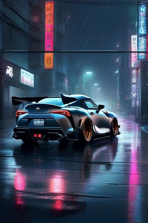 A highly detailed digital painting of a matt gray cyberpunk style Toyota Supra driving through a rainy nighttime Tokyo cityscape, neon lights reflecting off the wet streets, cyberpunk era, side view perspective, trending on artstation