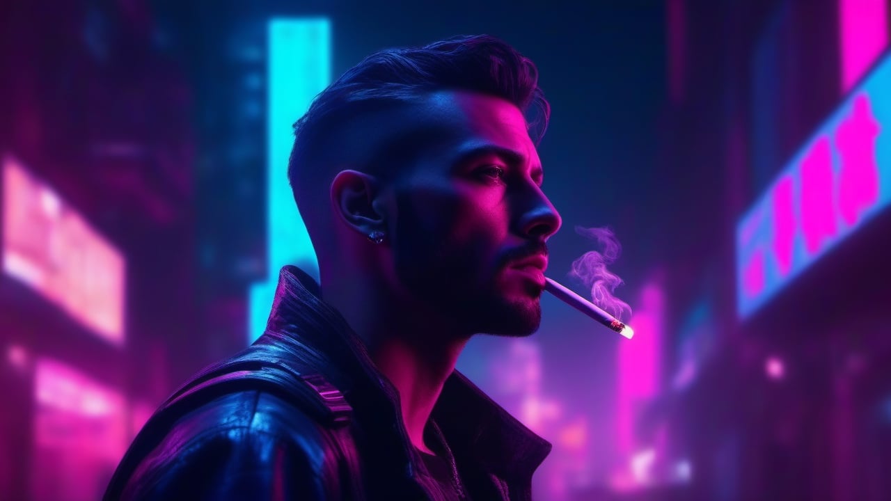  A melancholy cyberpunk man smoking , front view portrait, at night time on a cyberpunk city street, photorealistic digital painting, extremely detailed, neon blue, neon pink, black, 8K resolution
