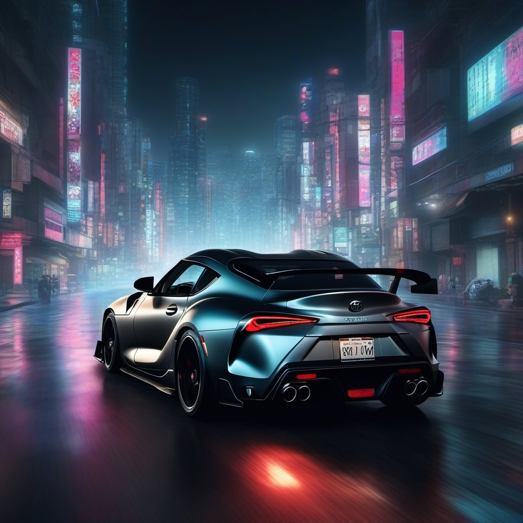 A matte painting of a matt gray Toyota GR Supra sports car driving through a dense, brightly lit cyberpunk Tokyo cityscape at night, highly detailed digital painting