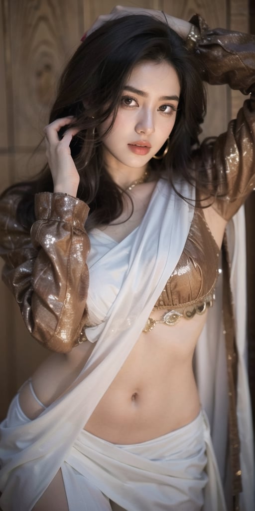 1girl, solo, long hair, brown hair,white sexy saree,navel, midriff, lips, realistic