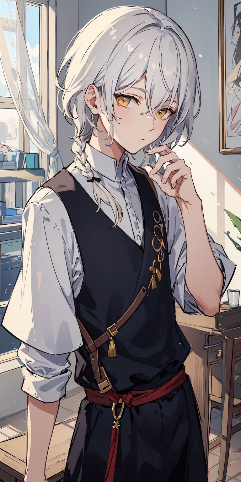 yellow eyes, short white hair, straight hair, small braid, single braid, solo character, 1male, soft, calm, blank expression, servant boy, 19th century, servant boy, young, kid, close up