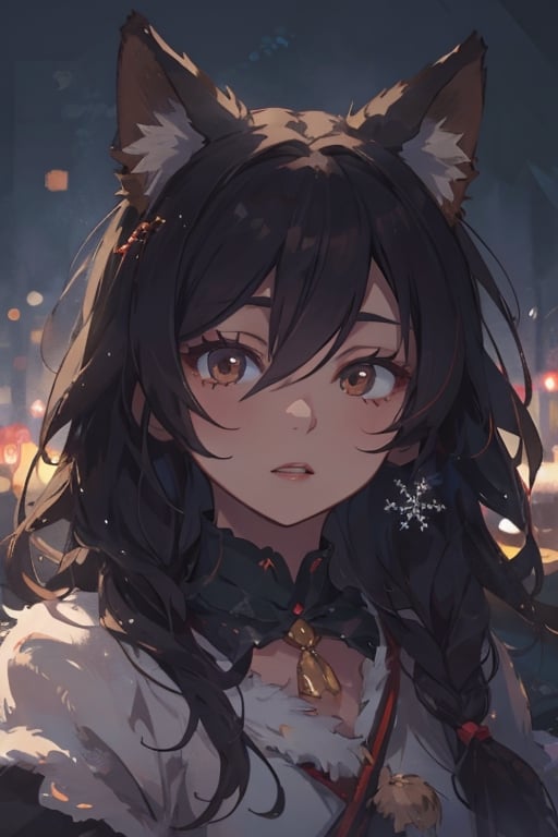 masterpiece, best quality, extremely detailed face, perfect lighting, best quality, fox girl Christmas,1g,COLORED EYELASHES