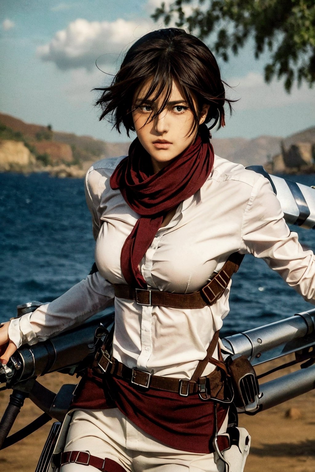 masterpiece, best quality, highres, hmmikasa, short hair, black eyes, scarf, emblem,(unbuttoned shirt), belt, thigh strap, red scarf, white pants, brown jacket, long sleeves, , holding weapon, sword, dual wielding, three-dimensional maneuver gear, mountains_background , inside_jungle , 32k , 8k , high_resolution,hmmikasa