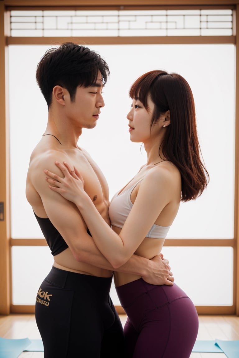 Create a vivid and engaging description of a realistic korean couple practicing body-lock yoga together,outfit-km