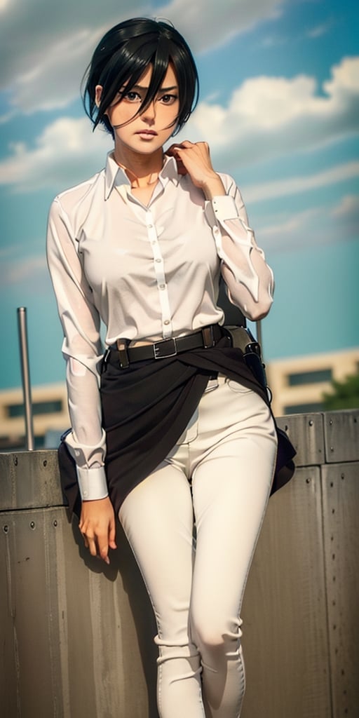  portrait of( full body with legs) of a beautiful (Mikasa Ackerman )wearing a white shirt(high detailed skin:1.2),  8k uhd,  dslr,  soft lighting,  high quality,  film grain,  Fujifilm XT3,  ((((hands))), 
High detailed ,Color magic,hmmikasa,Realism,Color saturation ,school uniform