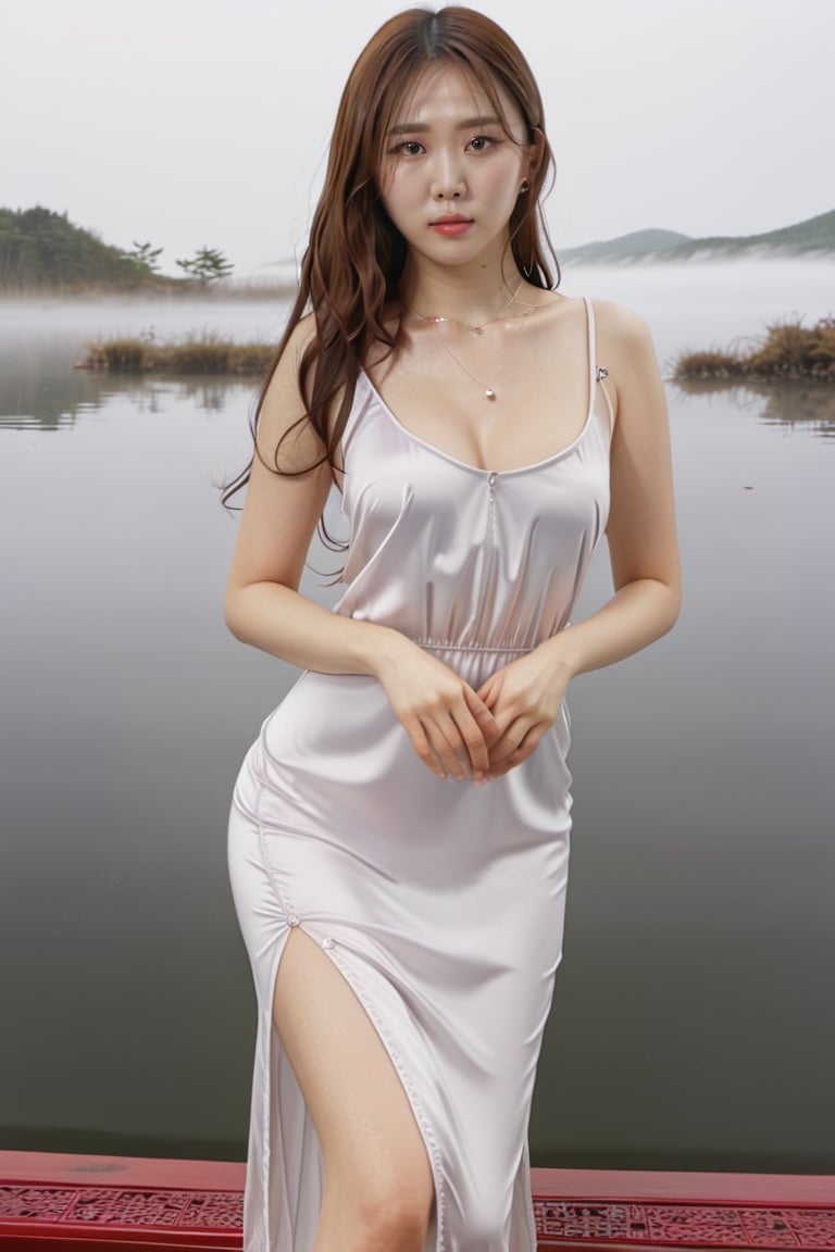 ( best quality, realistic description, masterpiece,)

Jang Won-young, korean girl, female solo, (((((beautiful face))))), (((( white hair )))), long wave hair, tiny_breasts,
brown eyes, ((realistic)), super realistic eyes
necklace, jewelry, pearl necklace
full_body, looking back, look at camera
white dress, Olivia Bottega Ella Dress, plunging v dress, dress with a waist high slit, ((((see-through wet dress)))),
(background : simple, lake surface, (((((fog))))), cloudy weather, ),photo r3al,xxmix_girl,3un