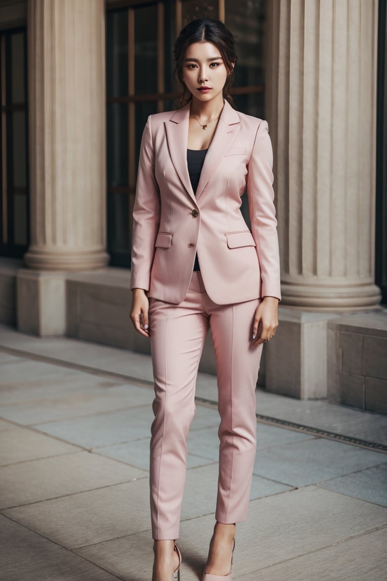 a atheletic beautiful,gorgeous,goddess women standing full body potrait,wearing pink suit goyoonjung,perfecteyes,Detailedface,1 girl