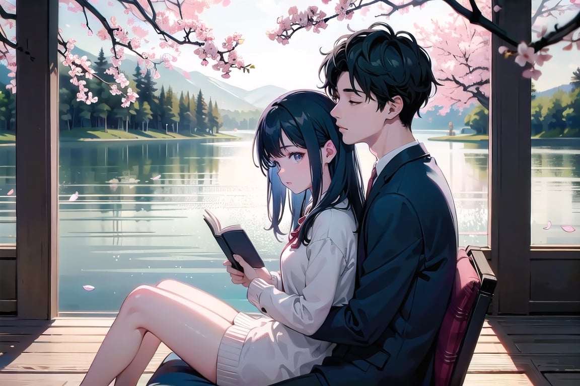 A 1 girl reads a book by the lake hugging by a man(male) from backside, Bright colors, Spring, willow branches, comfort, Warm sunlight,perfect,hand,READ THE DESCRIPTION,REVERSE UPRIGHT STRADDLE,Nature,Korean