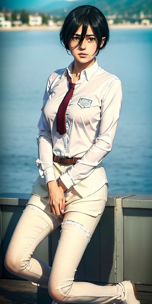  portrait of( full body with legs) of a beautiful (Mikasa Ackerman )wearing a white shirt(high detailed skin:1.2),  8k uhd,  dslr,  soft lighting,  high quality,  film grain,  Fujifilm XT3,  ((((hands))), 
High detailed ,Color magic,hmmikasa,Realism,Color saturation ,school uniform,midjourney