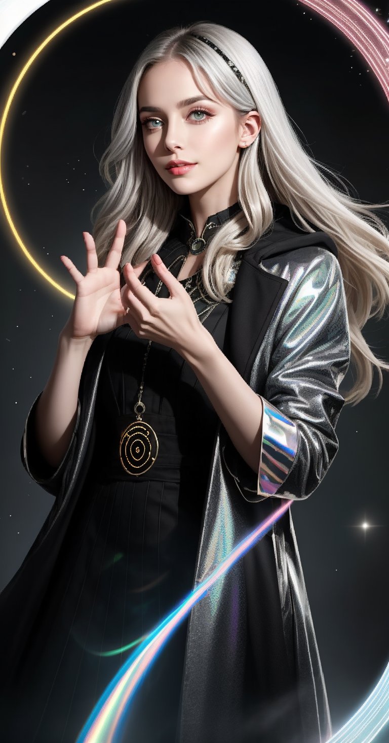 A beautiful witch with long silver hair with highlights, fair skin, piercing eyes, lip fillers and wearing a black coat with glittering silver lines is casting a powerful spell. Her eyes are glowing with magical energy.

She turns her palm towards you ((creating a large circular magic circle with holographic hieroglyphic characters)). Her fingers are positioned gracefully in a casting gesture. A magic circle with intricate characters with blue particles appears before her eyes. The background is a futuristic city night view with skyscrapers. This scene generates a special blend of fantasy worlds that combines a futuristic world with mysterious ancient magic. (Physiologically correct body), (Correct 5 fingers), (Correct 2 limbs)