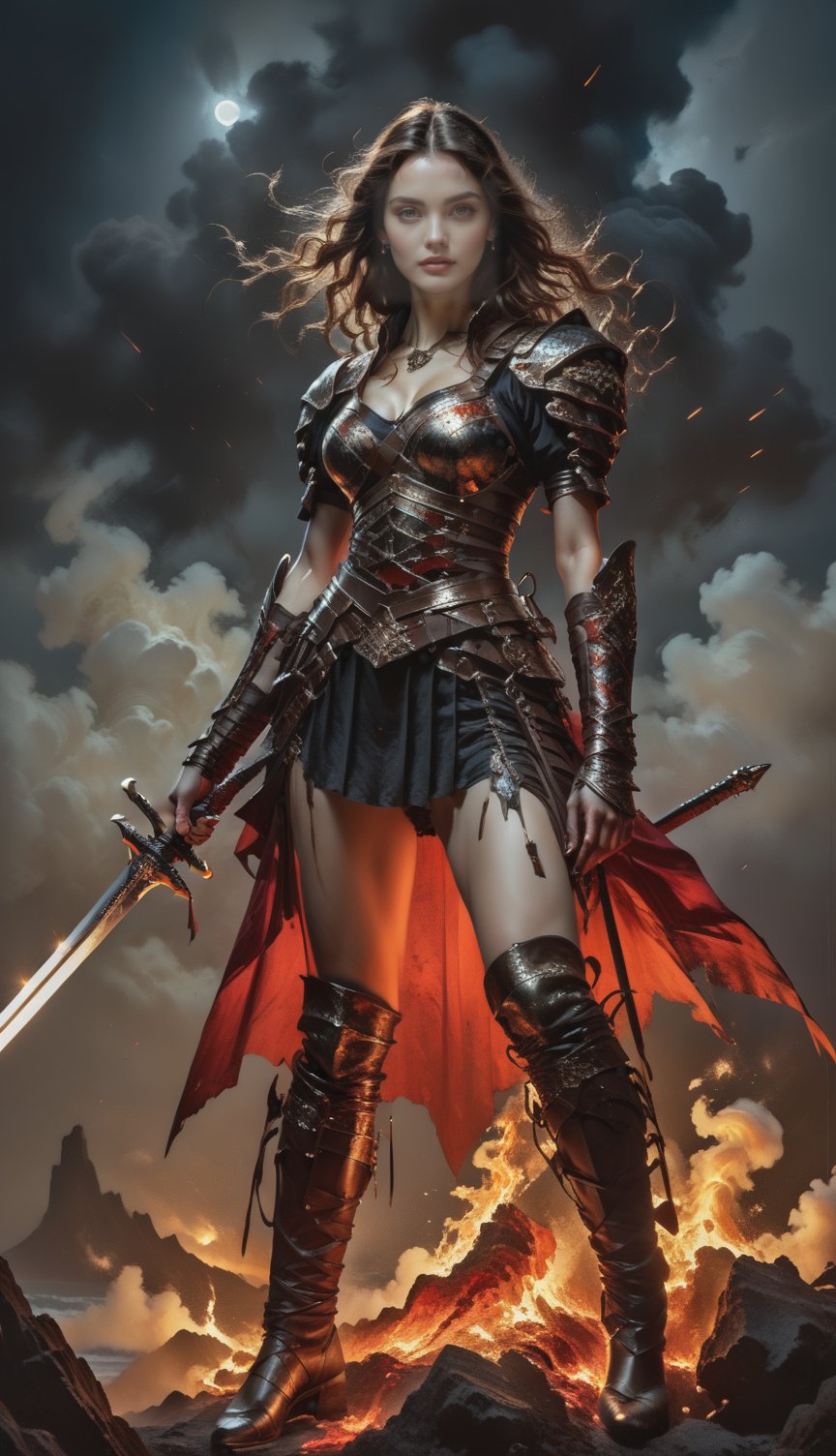 score_9, score_8_up, score_7_up, Raw photo, A fighting goddess with her legs spread and holding her sword, fighting pose, the blade of the sword she is holding tightly on the hilt is shining, full body, crimson lipstick on her lips, perfect face, perfect proportions, long brown hair swaying, wearing damaged and bloody leather armor, low angle, 45 degree painting, fantastical, fantasy, by Kahn Griffith, Aaron Hawkey, Greg Rutkowski, amazing depth, surreal, exquisite detail, deep depth of field, perfect balance, artistic photorealism, molten lava at her feet, flames rising against a dark night sky, five correct fingers, a stunning masterpiece with a terrifying impact, a composition with depth