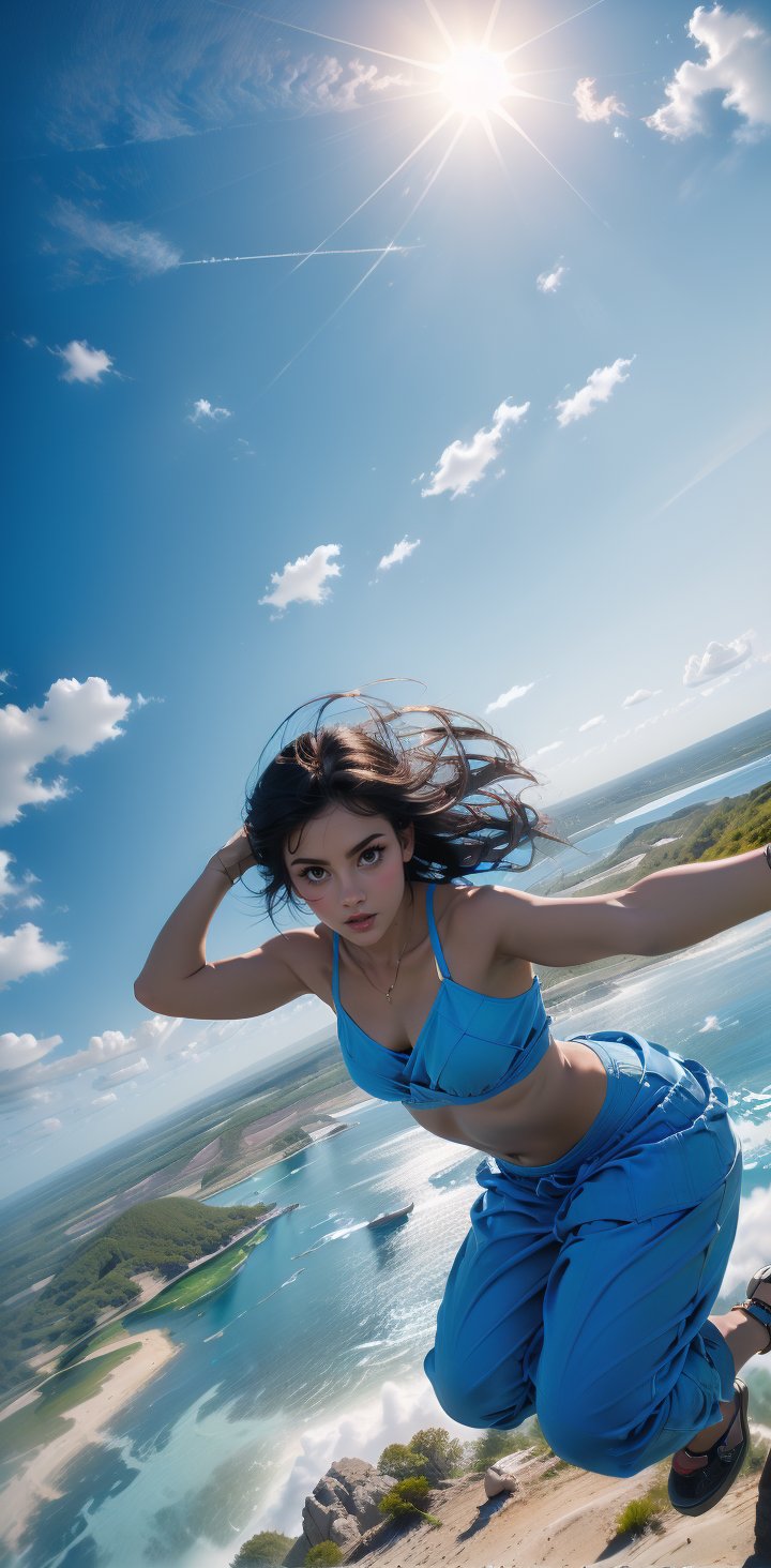 Masters. (A girl jumps from a high hill to the bright blue sea with her hands up in the air like a broad jump). (((Composition from directly above))). (Overhead view, the back of her head can be seen from above. Composition from directly above. The girl looking backward, backward, falling slowly. It looks like a spacewalk. Swimsuit. Below, the sea praising the blue of the earth, the deep blue sky, white clouds, and her hair fluttering. The ultimate in beauty. Like a dream, a beautiful watercolor painting.