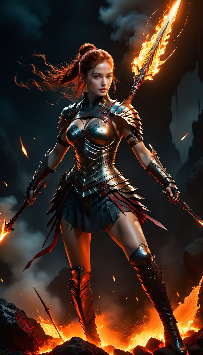 score_9, score_8_up, score_7_up, Raw photo, A fighting goddess holding the center of a spear, full body, fighting pose, crimson lipstick on her lips, perfect face, perfect proportions, (chestnut hair tied up in a ponytail, wearing a fitted damaged leather armor), low angle, painted at a 45 degree angle, fantastical, fantasy, by Kahn Griffith, Aaron Hawkey, Greg Rutkowski, amazing depth, surreal, exquisite detail, deep depth of field, perfect balance, artistic photorealism, molten lava at her feet, flames rising in the dark night sky, five fingers, a magnificent masterpiece with a terrifying power, a composition with depth,cinematic style,perfect hand
