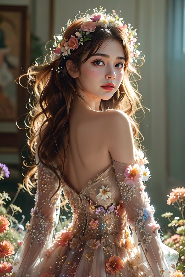 (masterpiece, realistic, 16K), one girl decorated with beautiful flowers, smiling face, floral ornament, off-shoulder floral dress, upper body, natural makeup, long chestnut hair, long sleeves, transparency, three-dimensional effect, plants, pink and purple flowers, glitter, (shy smile), cinematic lighting, sunlight and shadow, ultra-realistic photography, pastel background and pastel blur, exquisite details and textures, natural proportions in sienna, (wind:0.5), dynamic pose, vibrant light and shadow grain, color 66mm film analog photography, 350mm lens, shallow depth of field, chrome film, Lomography, slightly dreamy hazy film grain effect, flower art