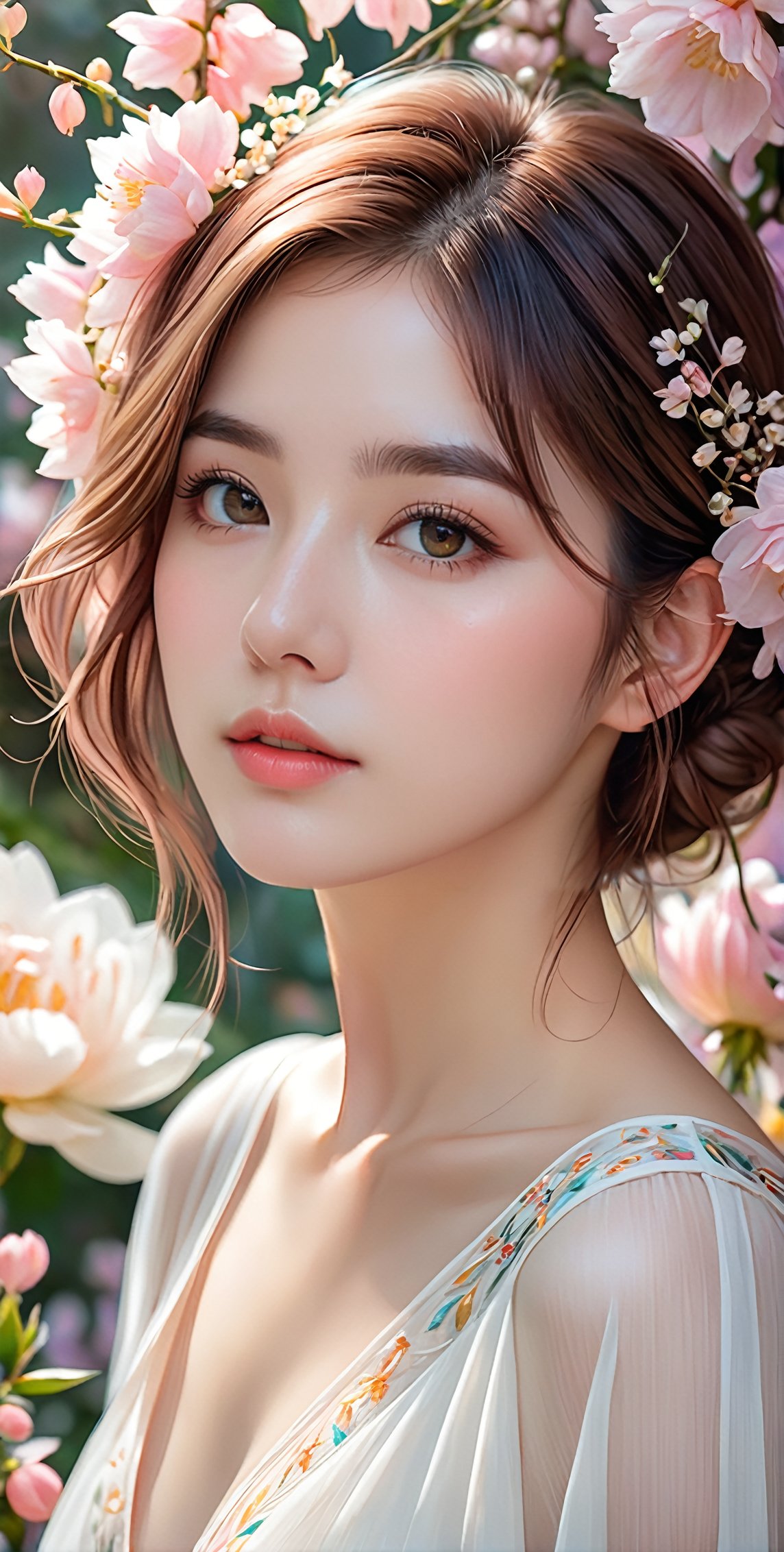 Masterpiece, HD, 8K, A captivating and minimalist illustration of a 20-year-old woman. The upper body, the face is drawn at a 45-degree angle in the center, and delicate touches of pastel accentuate her (high-topped hair color), large eyes, plump cheeks and lips, beautiful white skin and small face with elegant touches. Similar to the touch of Fakhtali Abderrahim, fragile and delicate, the background is a space surrounded by many luminous flowers, and the colorful, magical and mysterious presence is reflected in the expression.